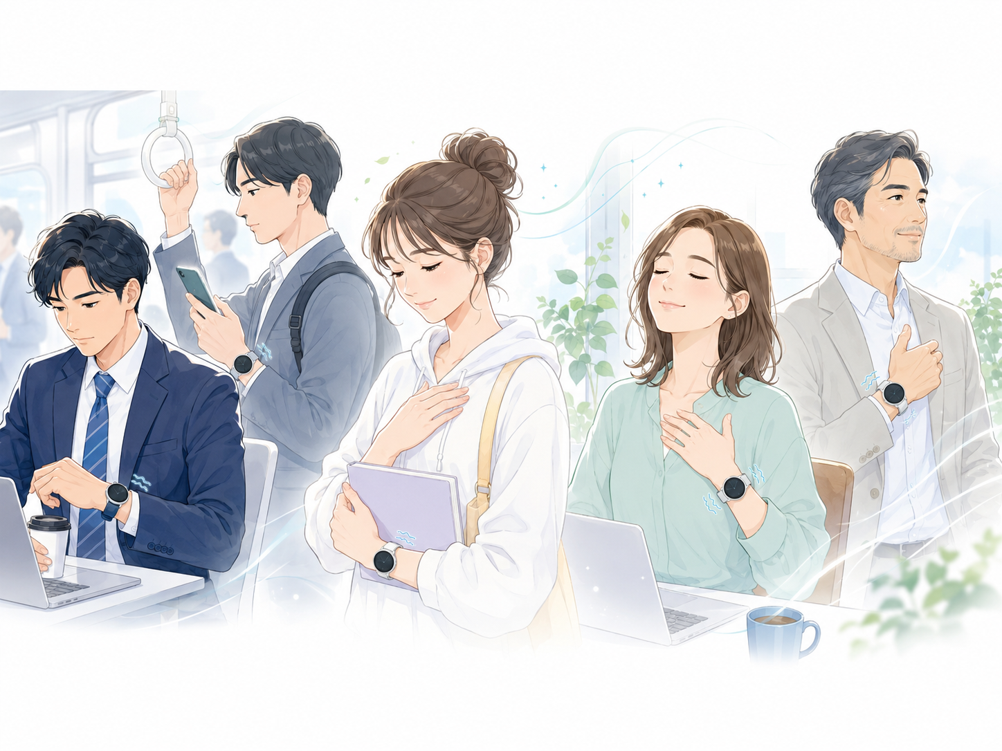 日常の中でスマートウォッチを装着し、自分の状態に意識を向ける人々